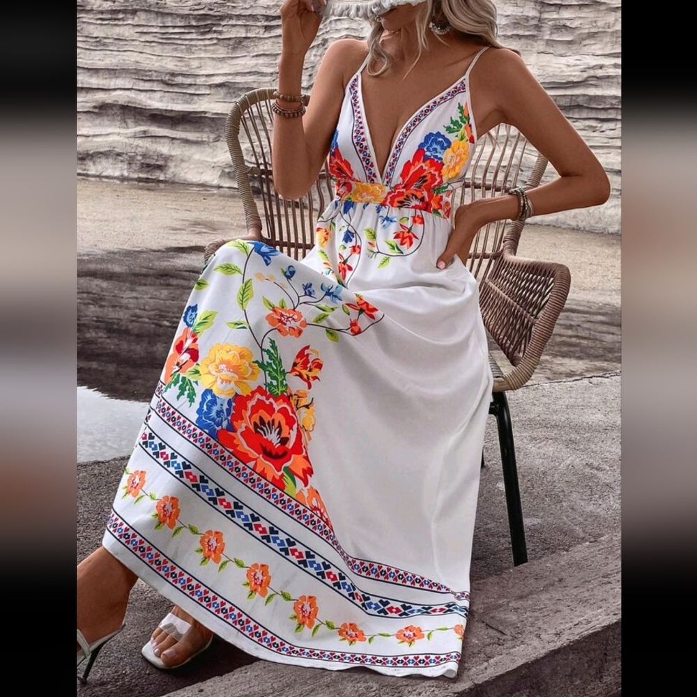 Boho Floral Print Criss Cross Backless Open Back Cami Dress Maxi Dress